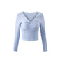 Autumn French V neck Twist Long Sleeved T shirt Women Sexy Slim Slimming Short Top