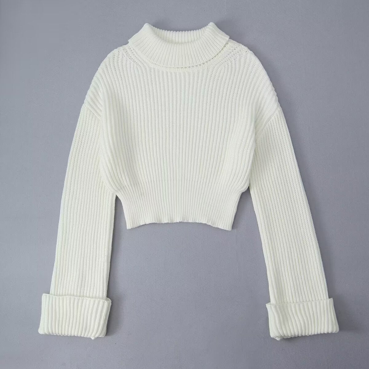 Winter High Collar Solid Color Short Cropped Rib Pullover Knitted Sweater Women