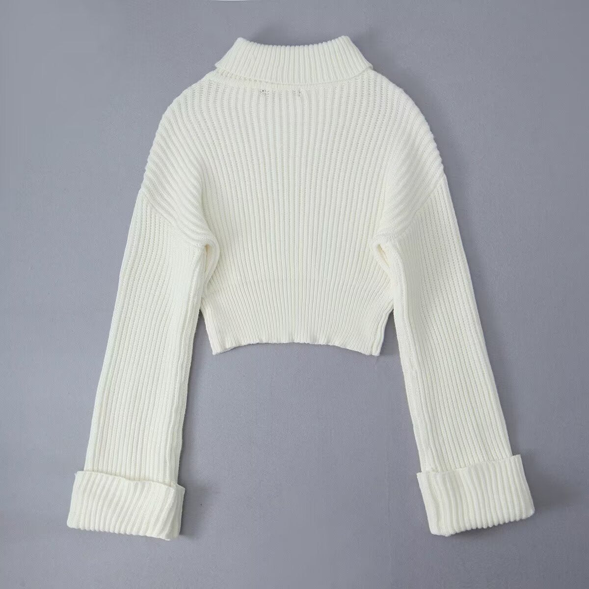 Winter High Collar Solid Color Short Cropped Rib Pullover Knitted Sweater Women