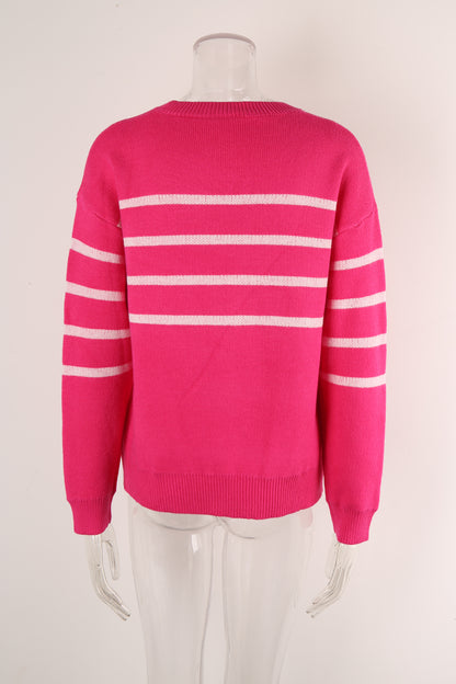 Autumn Winter Sweater Striped Bow round Neck Floral Knitted Sweater