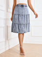 Midi Length Cake Denim Long Skirts Summer Lady Elegant Hem Stitching Elastic Waistband Slimming