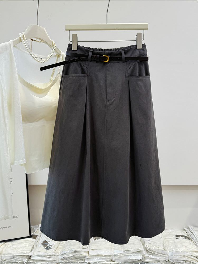 Retro Japanese Korean Workwear Washed Cotton Pleated Skirt Women Fall Mid Length Western Casual No Belt Skirt