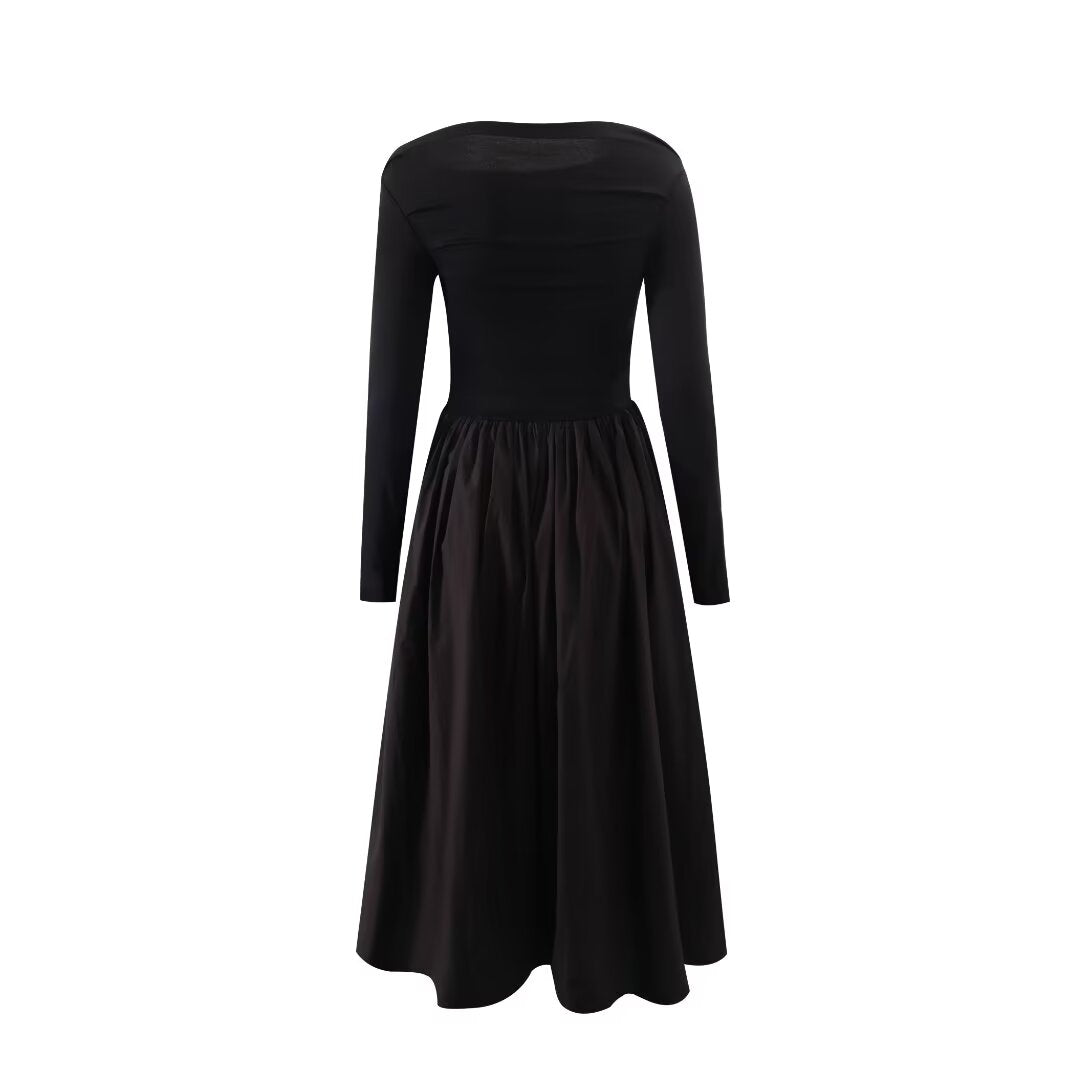 Autumn Slim Solid Color Ballet Long Sleeve Round Collar Long Dress