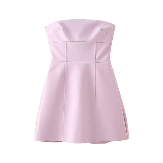 Women Waisted Pink Back Bowknot Decoration Tube Top Short Dress