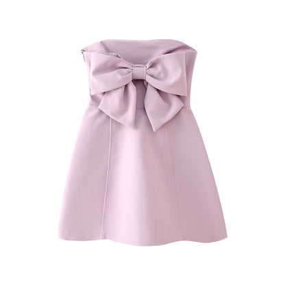 Women Waisted Pink Back Bowknot Decoration Tube Top Short Dress