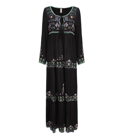 Bohemian Embroidered Lace Up Dress With Lining