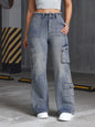 Retro High Street Multi Pocket Workwear Jeans Women Spring Summer Frayed Design Wide Trousers