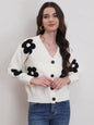 Women Clothing V neck Buckle Floral Knitted Cardigan Autumn Winter Casual Sweet Sweater