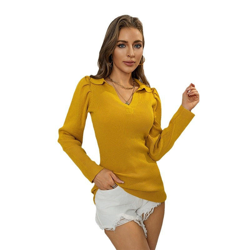 V Neck Long Sleeve Sexy Hip Wrapped Sweater Women Slim Fit Slim Looking Base Knitwear