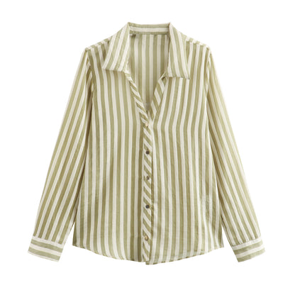 Autumn Women Clothing Urban Casual Striped Vertical Long Sleeve Shirt