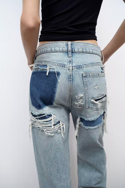 Women Retro High Waist Straight Pants Perforated Hole Decoration Loose Jeans