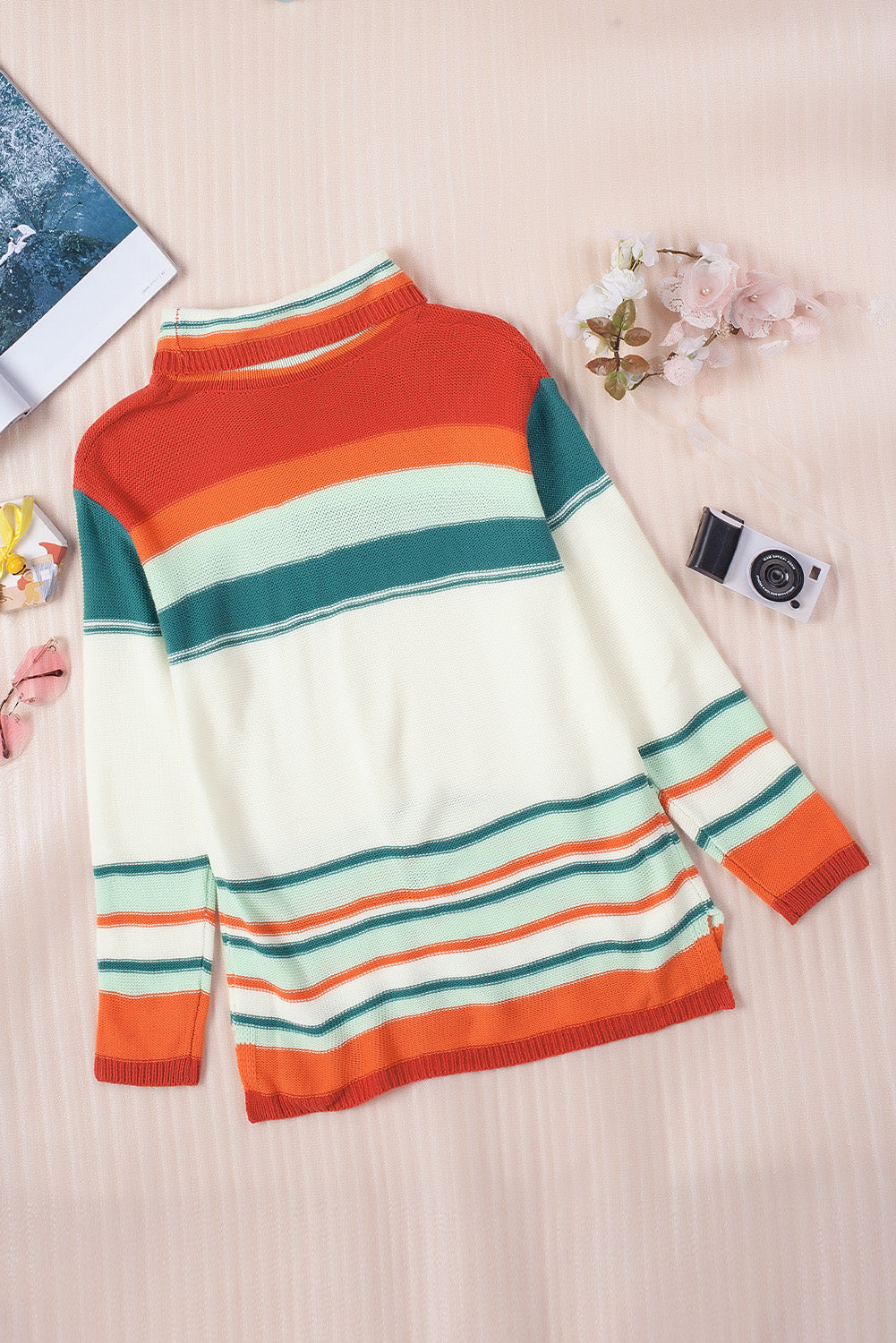 Autumn Pullover Long Sleeve Top Women's Loose Casual Multi Color Contrast Color Minimalist Women Sweater