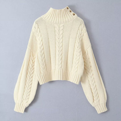 Autumn Winter High Neck Long Sleeve Loose Cable Knit Sweater Sweater Short Slimming High Waist Woven Short Top