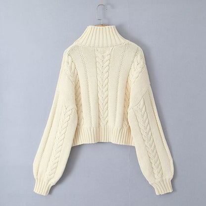 Autumn Winter High Neck Long Sleeve Loose Cable Knit Sweater Sweater Short Slimming High Waist Woven Short Top