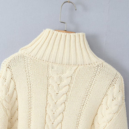 Autumn Winter High Neck Long Sleeve Loose Cable Knit Sweater Sweater Short Slimming High Waist Woven Short Top