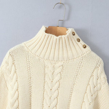 Autumn Winter High Neck Long Sleeve Loose Cable Knit Sweater Sweater Short Slimming High Waist Woven Short Top