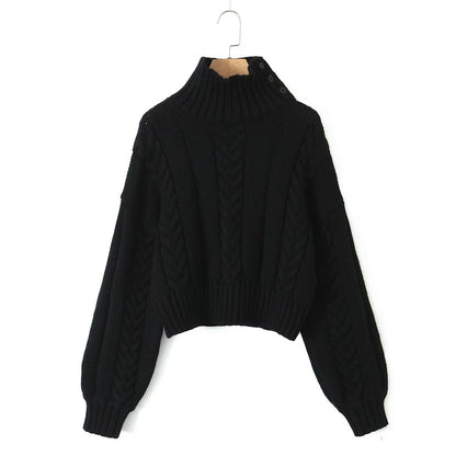 Autumn Winter High Neck Long Sleeve Loose Cable Knit Sweater Sweater Short Slimming High Waist Woven Short Top