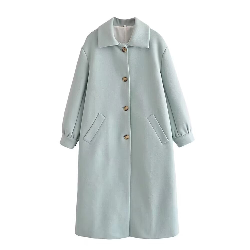 Fall Women Clothing Stylish Simple Mint Green Puff Sleeve Woolen Coat