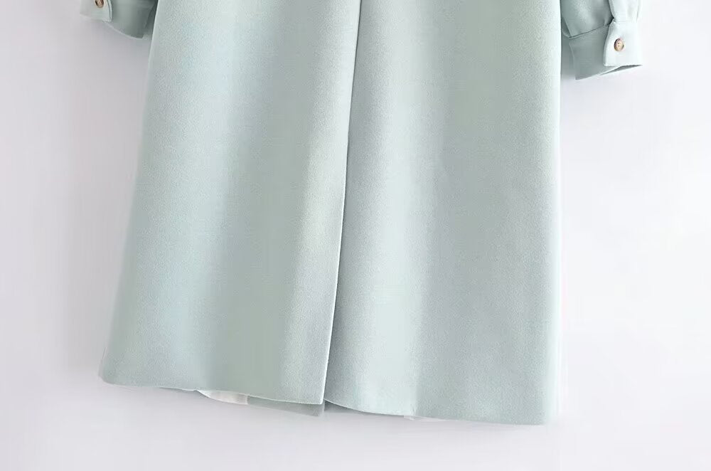 Fall Women Clothing Stylish Simple Mint Green Puff Sleeve Woolen Coat