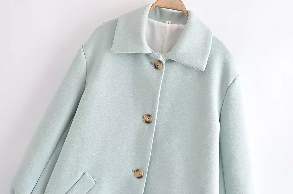 Fall Women Clothing Stylish Simple Mint Green Puff Sleeve Woolen Coat