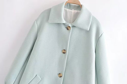 Fall Women Clothing Stylish Simple Mint Green Puff Sleeve Woolen Coat