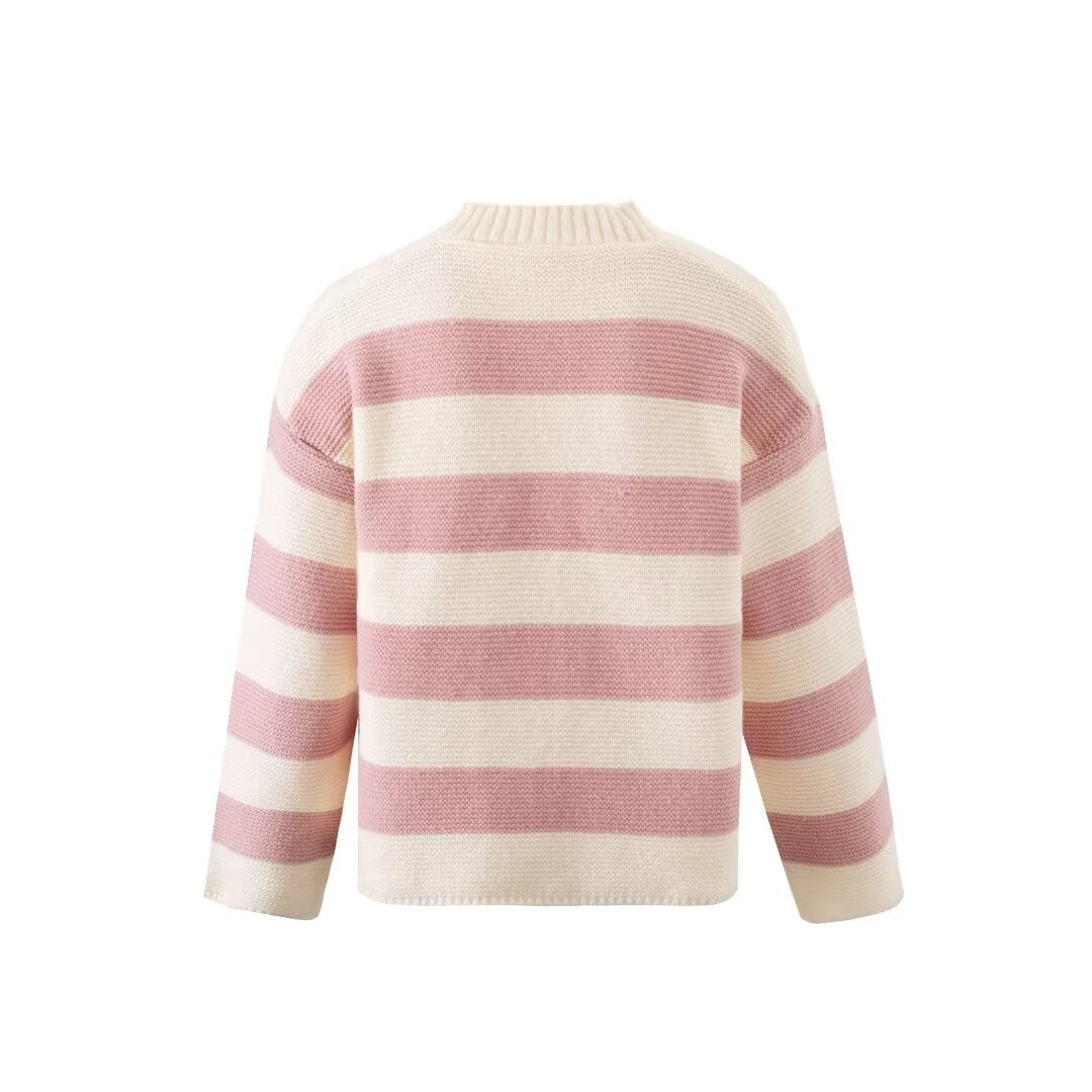 Fall round Neck Gold Button Bold Stripes Long Sleeve Short Knitted Sweater