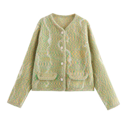 Women Clothing Autumn Winter V neck Mink like Dotted Yarn Color Short Knitted Coat Sweater