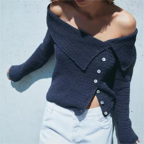 Women Clothing Autumn Irregular Asymmetric Collar Side Button Design Sweater