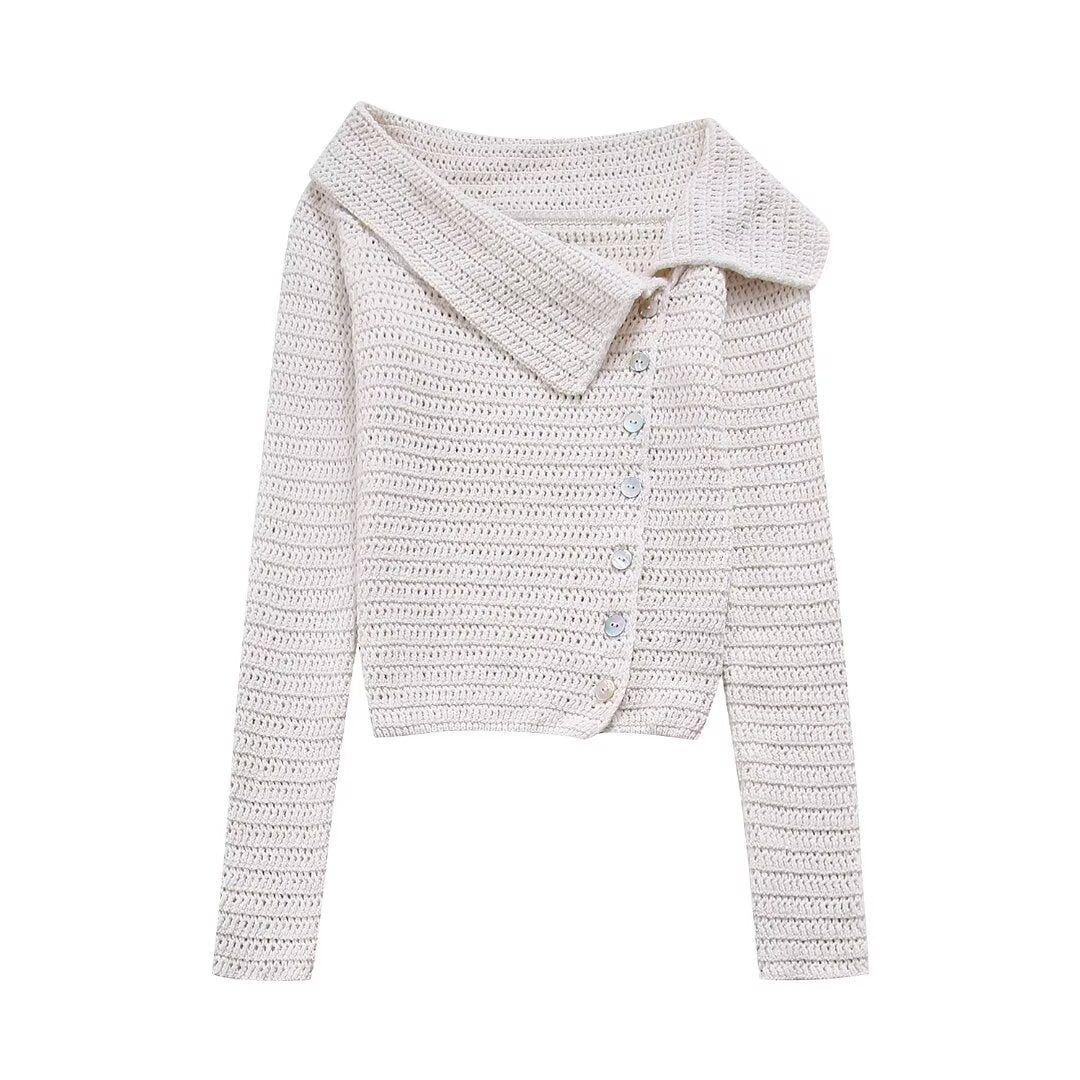 Women Clothing Autumn Irregular Asymmetric Collar Side Button Design Sweater