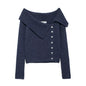 Women Clothing Autumn Irregular Asymmetric Collar Side Button Design Sweater