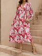 Rose Digital Deep V Waist Lantern Long Sleeve Dress