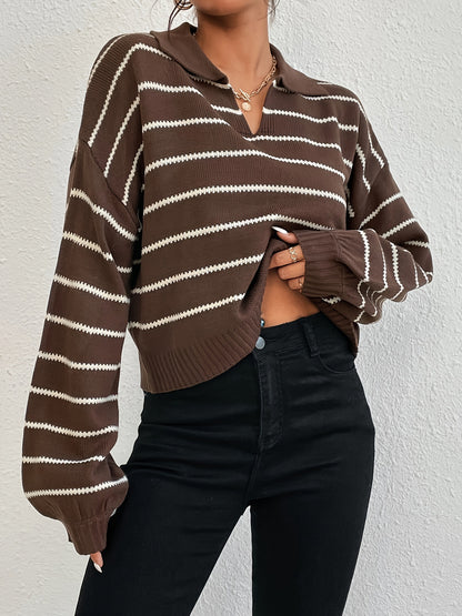 Winter Loose All Matching Striped Collared Knitted Pullover Sweater Casual Sweater Outerwear Top