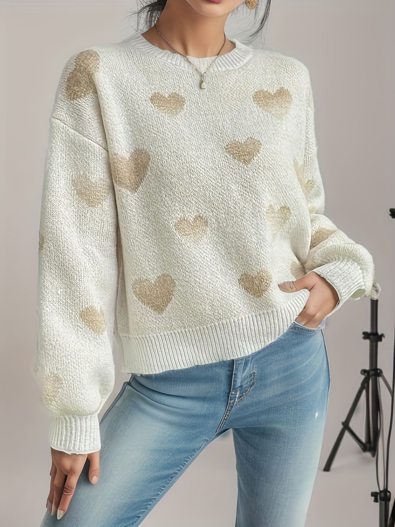 Korean Loose Casual Love Pattern Round Neck Drop Shoulder Oversleeve Sweater