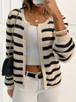 Lazy Sweater Striped Knitted Button Round Neck Cardigan Casual Outerwear Top