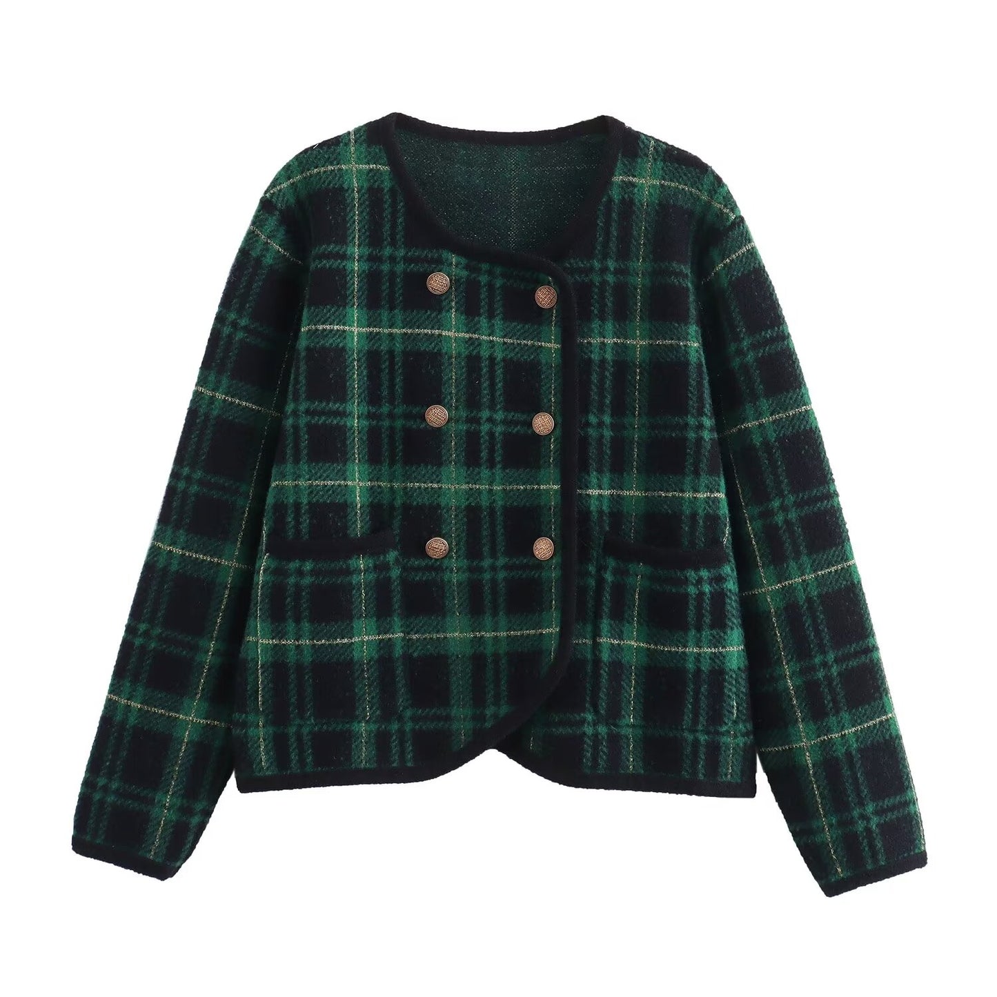 Summer Women Classic Plaid Double Breasted Pocket Knitted Sweater Coat