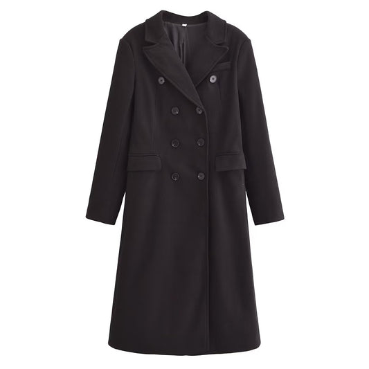 Women Clothing Black Double Breasted V neck Woolen Overcoat Coat