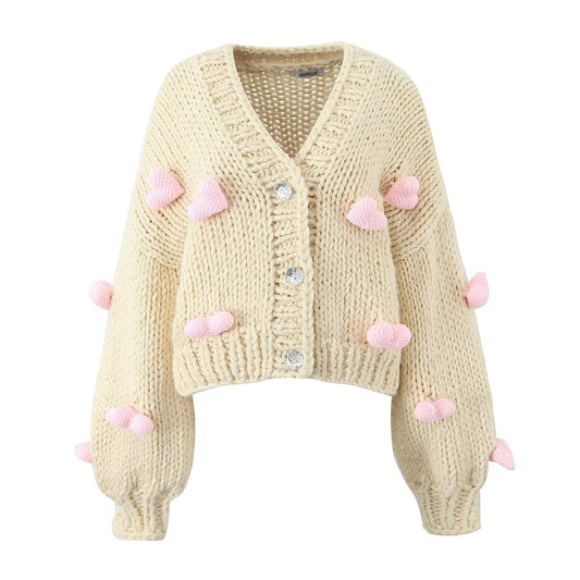 Sweet Girl Pink Love Sweater Coat Autumn Loose Slimming V Neckline Single Breasted Knitted Cardigan for Women