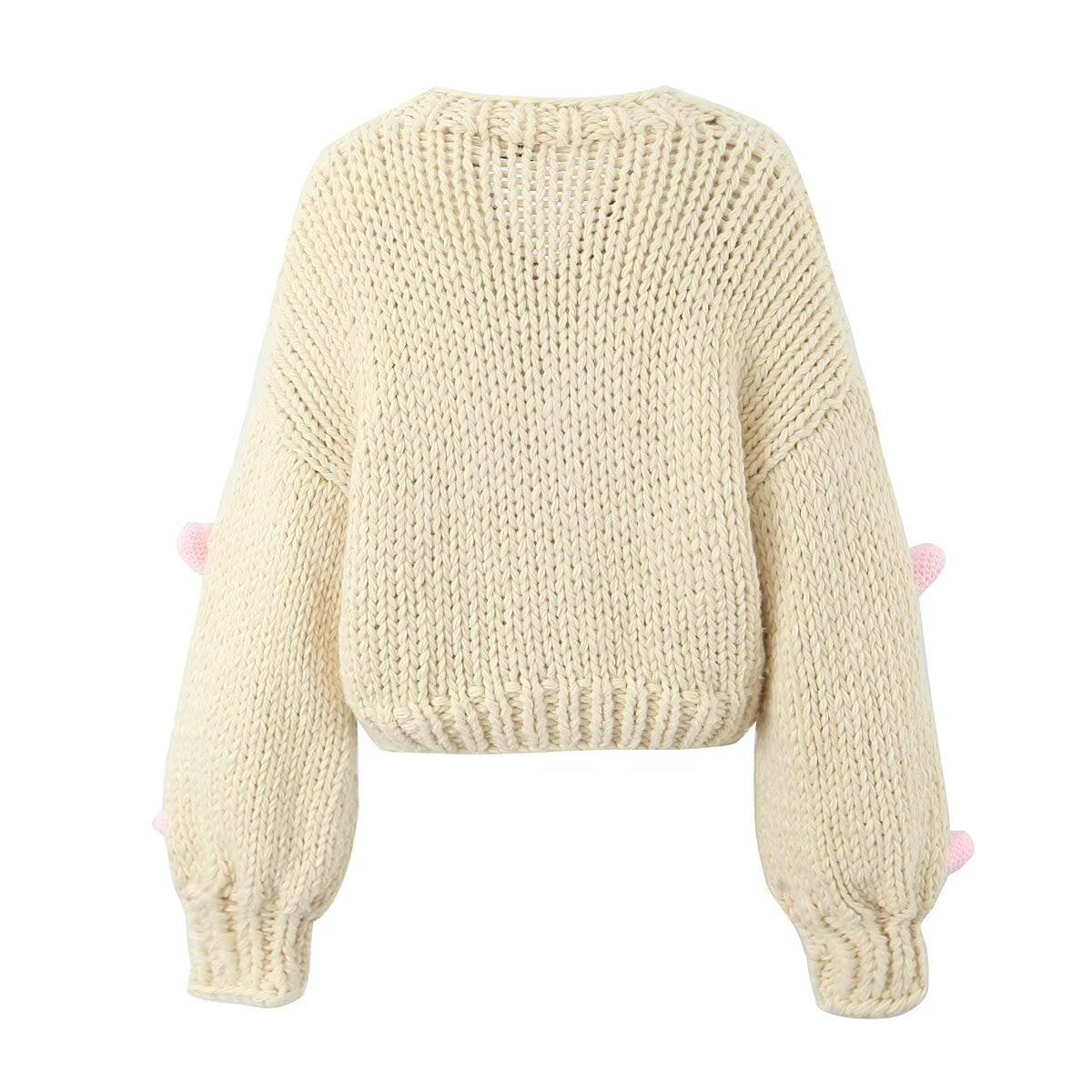 Sweet Girl Pink Love Sweater Coat Autumn Loose Slimming V Neckline Single Breasted Knitted Cardigan for Women