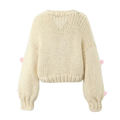 Sweet Girl Pink Love Sweater Coat Autumn Loose Slimming V Neckline Single Breasted Knitted Cardigan for Women