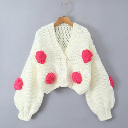 Women Clothing Autumn Winter Three Dimensional Floral Hand Woven Idle Knitted Cardigan Sweater Coat Top