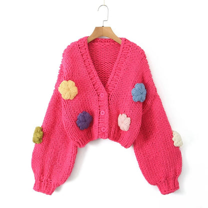 Women Clothing Autumn Winter Three Dimensional Floral Hand Woven Idle Knitted Cardigan Sweater Coat Top