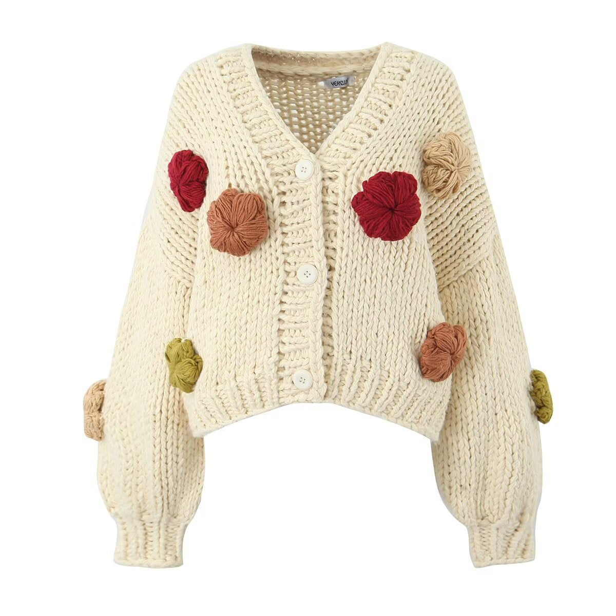 Thick Needle Floral Decorative Cardigan Women Loose-Fitting Comfortable Sweater