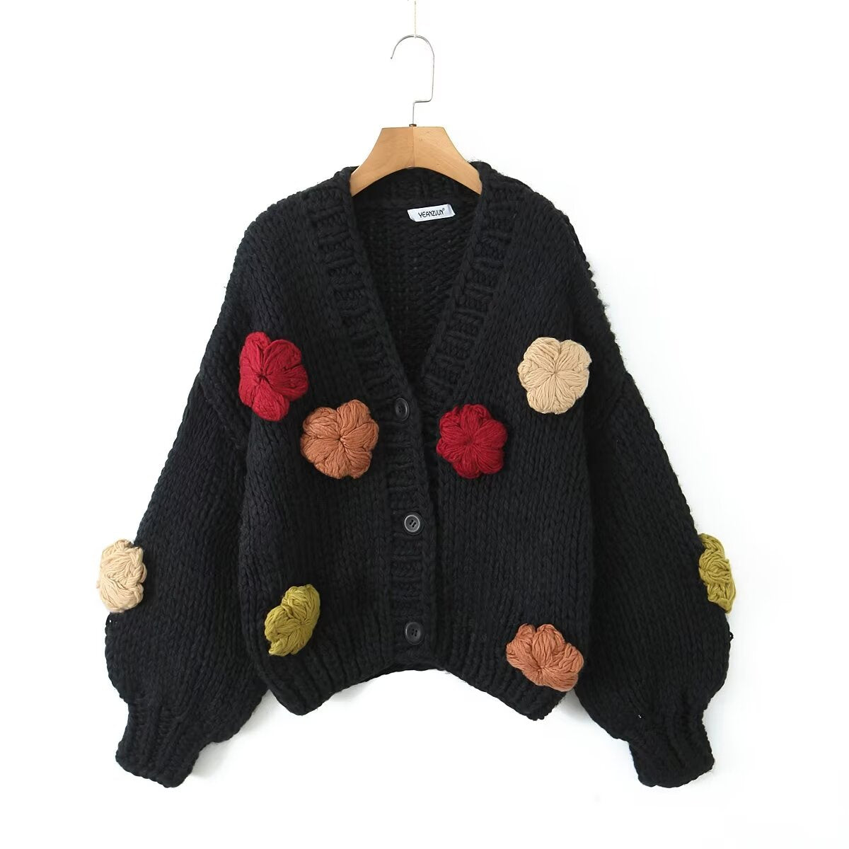 Thick Needle Floral Decorative Cardigan Women Loose-Fitting Comfortable Sweater