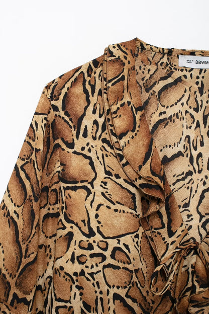 Women Clothing Manufacturers V Neck Leopard Print Women Shirt Ruffled Long Sleeve Loose Top