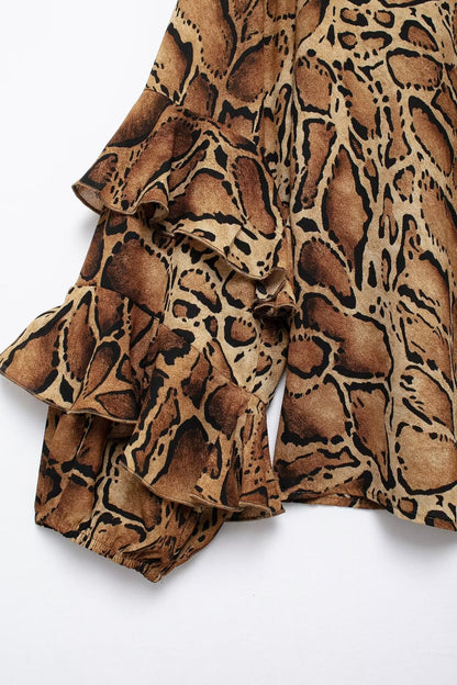 Women Clothing Manufacturers V Neck Leopard Print Women Shirt Ruffled Long Sleeve Loose Top