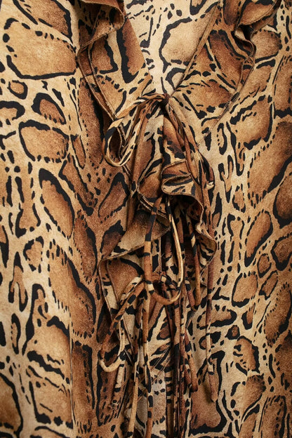 Women Clothing Manufacturers V Neck Leopard Print Women Shirt Ruffled Long Sleeve Loose Top