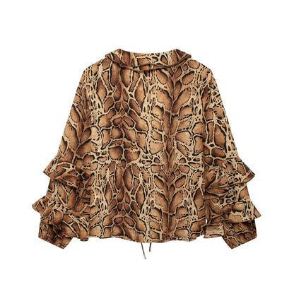 Women Clothing Manufacturers V Neck Leopard Print Women Shirt Ruffled Long Sleeve Loose Top