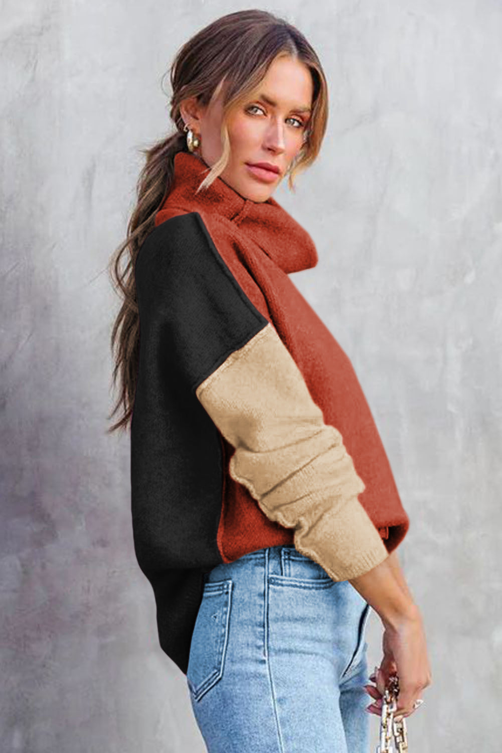 Contrast Color Pullover Women Autumn Winter Lazy Turtleneck Simple Stylish Casual Top Women