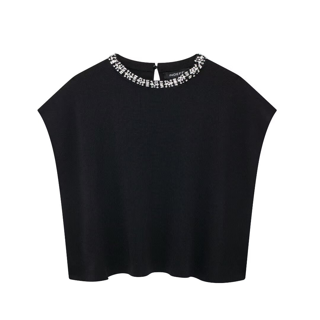 Women Clothing Fashionable All Match Rhinestone Beading Solid Color Knitted Top