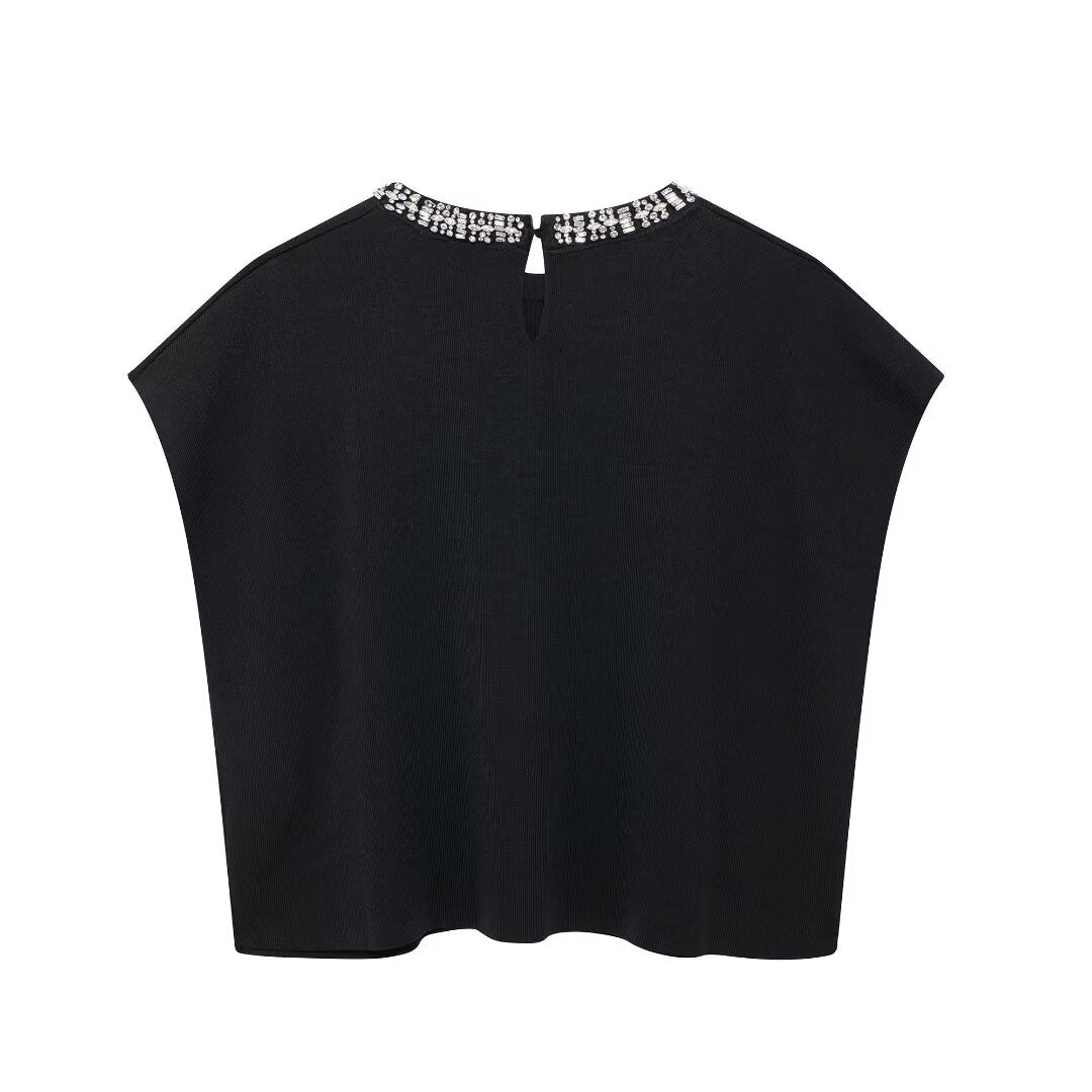 Women Clothing Fashionable All Match Rhinestone Beading Solid Color Knitted Top